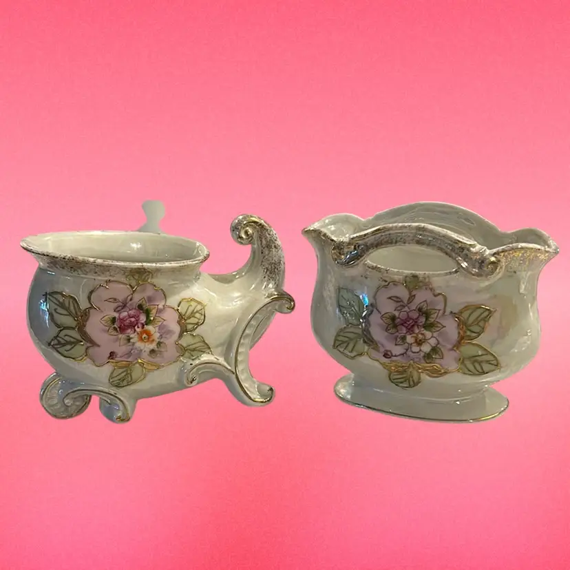 Pair of vintage Luster Wear small planter/ vases with  roses/Leaf - raised gold trim