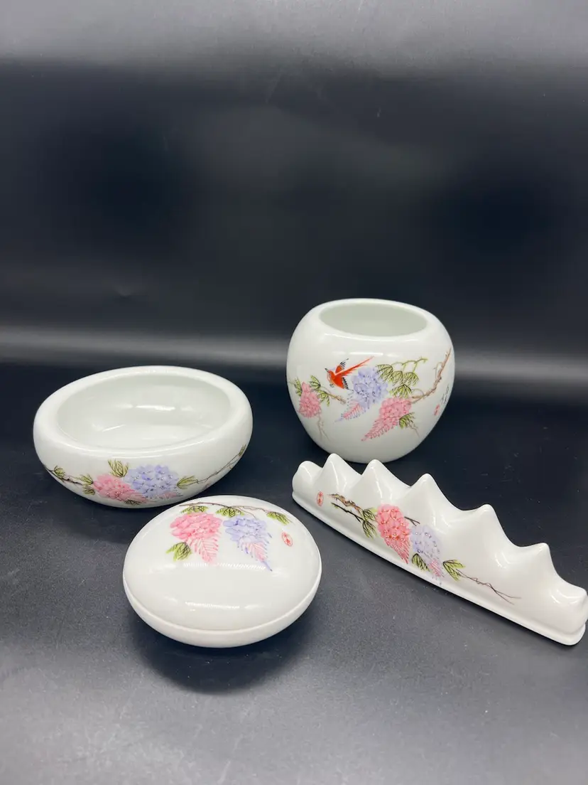 Vintage White Porcelain Scholar Desk Set Hand Painted Signed China Pink Purple Wisteria Flowers Red Bird Calligraphy