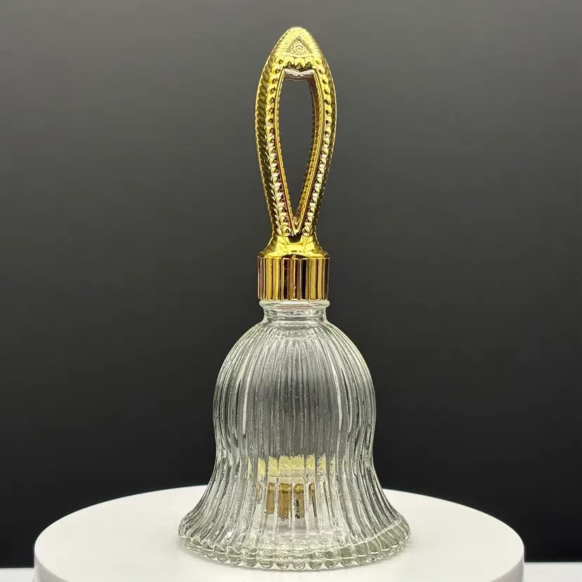 Avon Clear Ribbed Glass Bell Perfume Decanter Bottle with Gold Handle | Empty | Vintage 1970s
