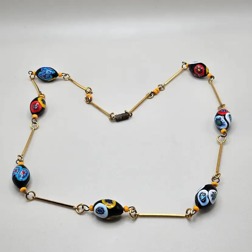 Vintage Murano Italy Venetian Art Glass Blown Glass Colorful Millefiori Oval Beaded Necklace
