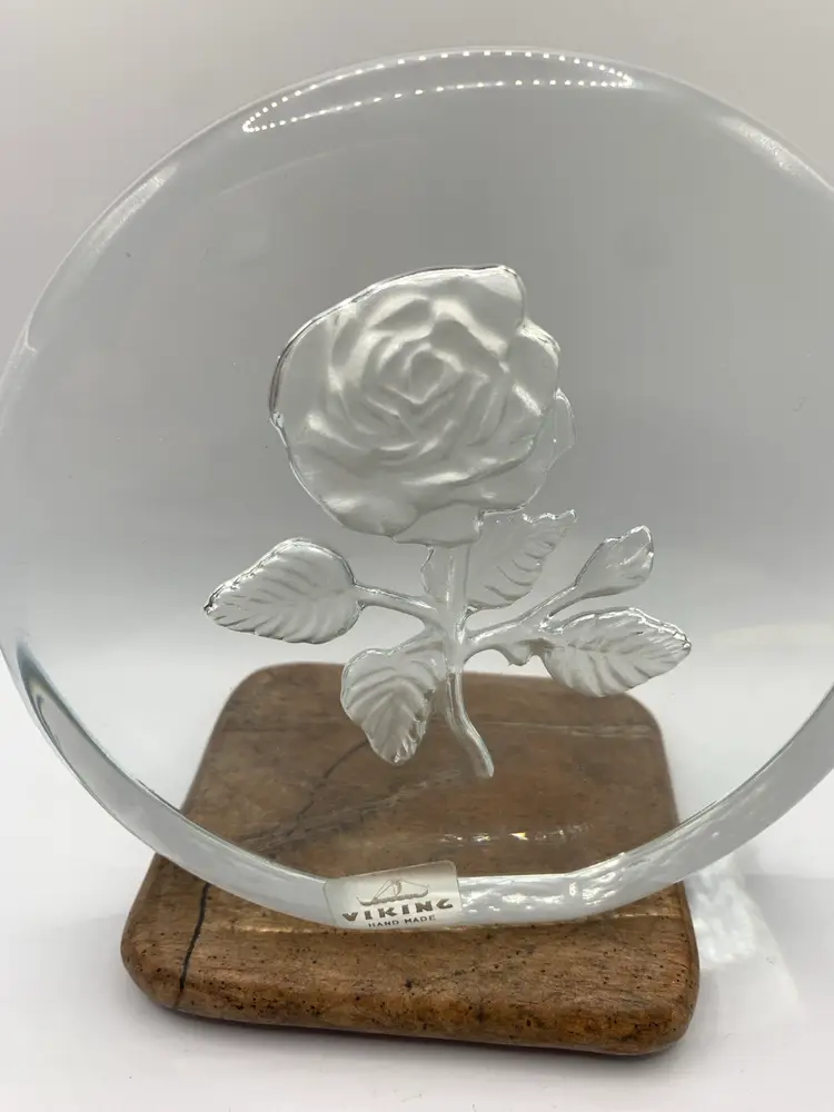 Viking Clear Glass with Etched Rose Paperweight with sticker