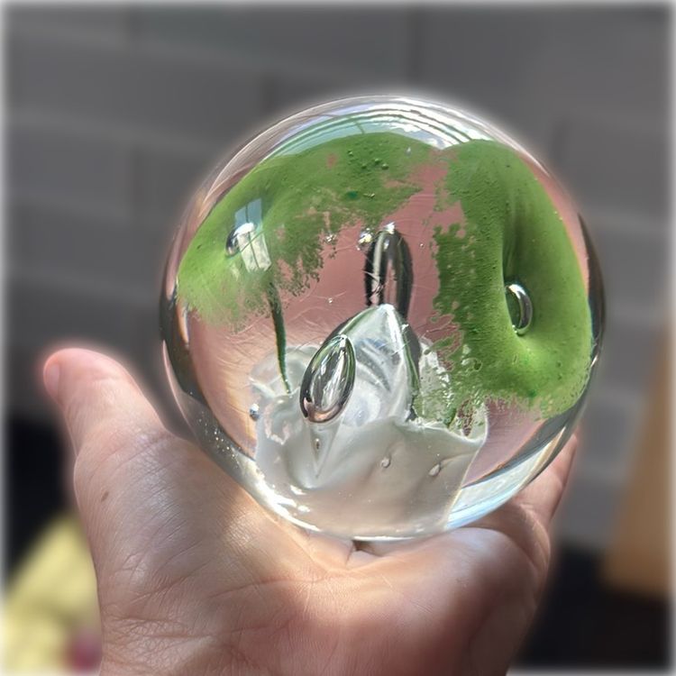 Paperweight With Green Florals And Controlled Bubble Bottom Has A C Signed On It 3 1/2” Tall & 3 1/2” Wide