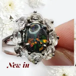 NWOT Sterling Silver Black Fire Opal Ring With Cluster Topaz Jewelry Gift