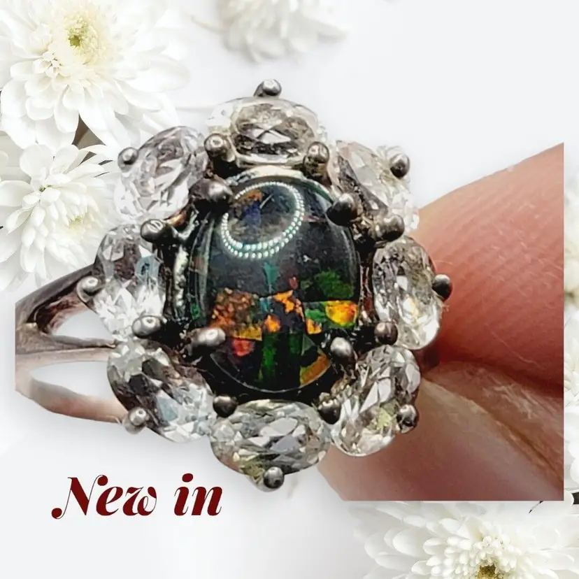 NWOT Sterling Silver Black Fire Opal Ring With Cluster Topaz Jewelry Gift