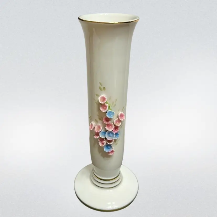 MARKDOWN! Lefton China Bud Vase Hand Painted Applied Flowers Gold Accents, two petals are chipped, ~8x3.25"