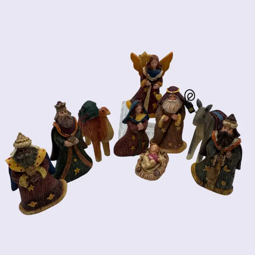Nativity Figurine Set 9 Pc Small Resin Holy Family Wise Men Angel Animals