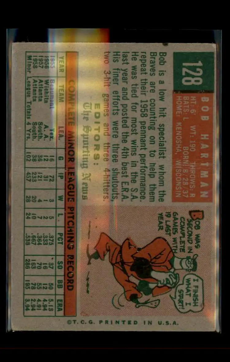 1959 Topps #128 Bob Hartman - (pk4) - Milwaukee Braves