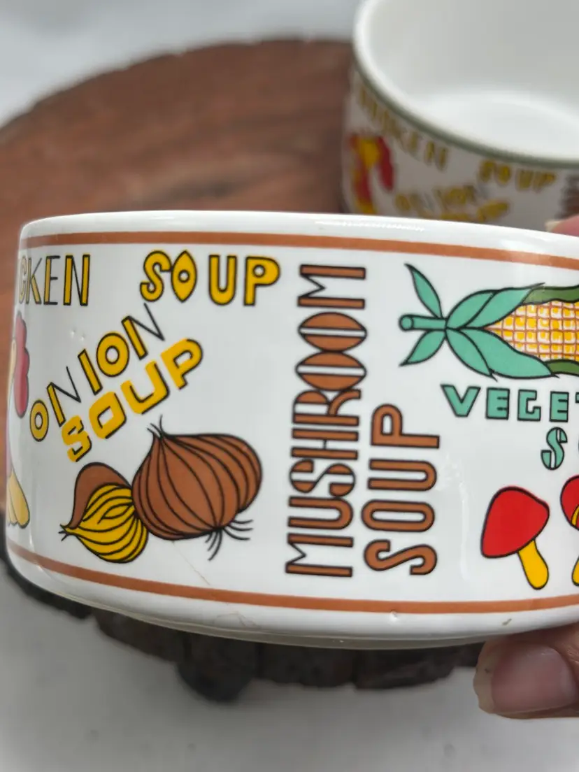Retro Soup Mug Bowl Pair Mushroom Onion Tomato Set Of 2