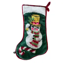 Vintage Needlepoint Red & Green Christmas Stocking Snow Man Candy Cane Top Hat