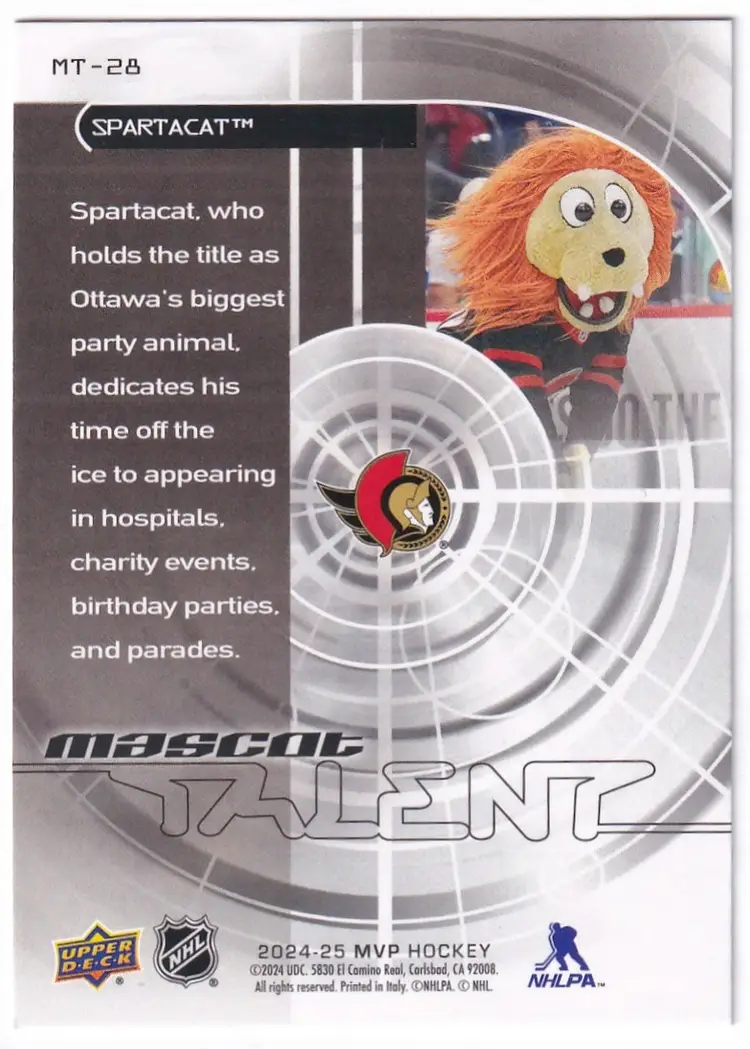 2024-25 Upper Deck MVP Mascot Talent #MT28 Spartacat Ottawa Senators Hockey Card