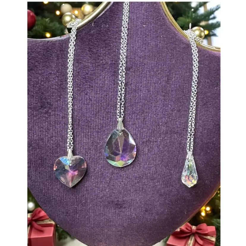 Lot Of 3 Sparkling Aurora Borealis AB Glass Pendants on NEW 20” Silver Tone Rolo Chains