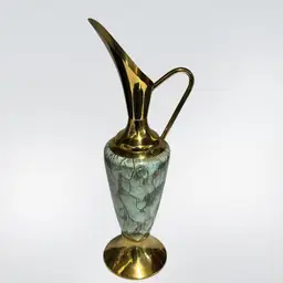 Mid-Century Modern Dutch Brass & Beautiful Ceramic Ewer Vase – Marked Holland – 11” 😍