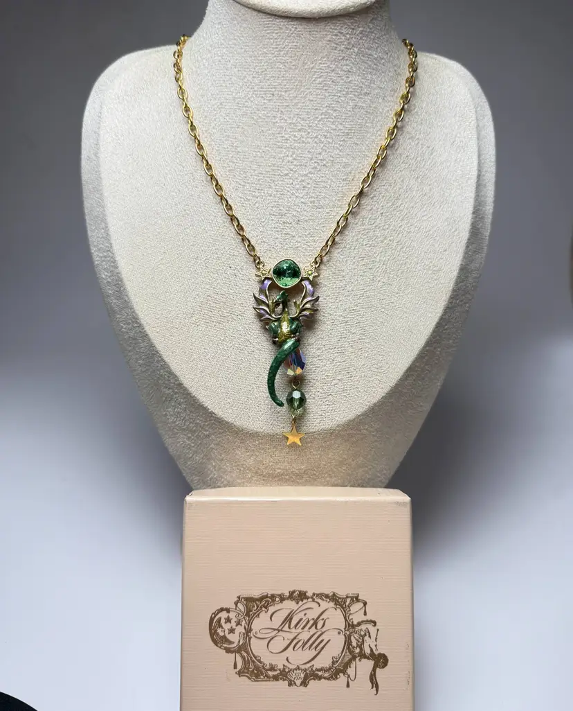 Kirks Folly 28" Green Enamel Flying Dragon Crystal Pendant Necklace Gold Tone