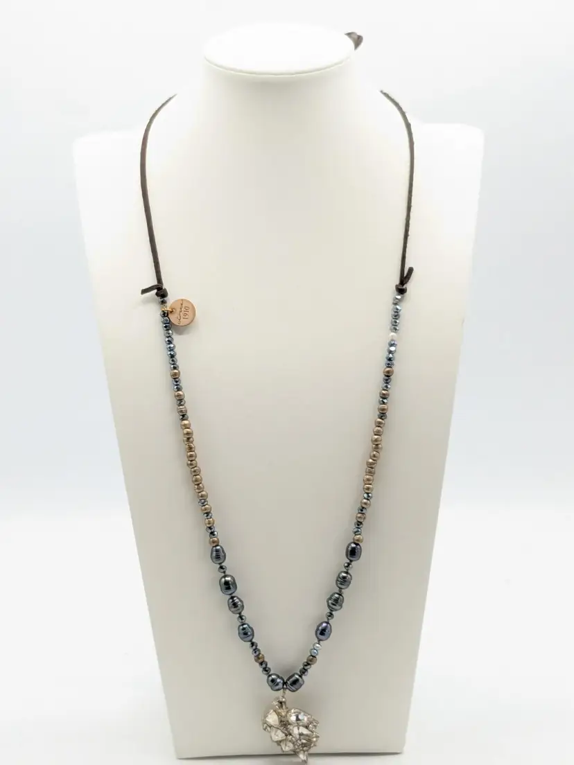 Handmade Iris 1910 Boho Chic Beaded and Pearl Necklace with Vintage Rhinestone Pendant