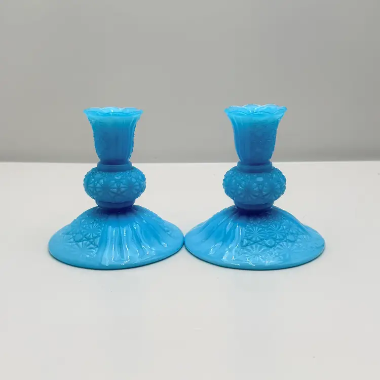 Olde Virginia Glass Aqua Blue Daisy And Button Candlesticks