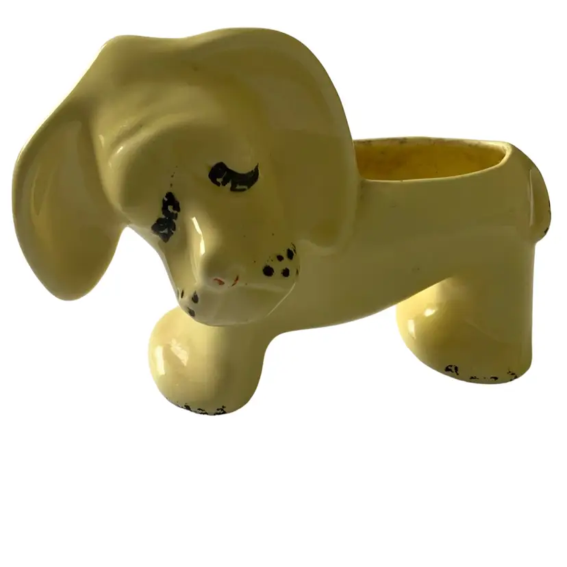 #07 -Vintage Yellow Ceramic Hound Dog Figurine Planter 8” By 5” Tall