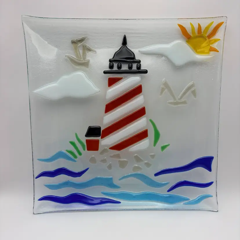Fused Art Glass, Square Plate, Lighthouse Coastal Scene, Approx. 12” square
