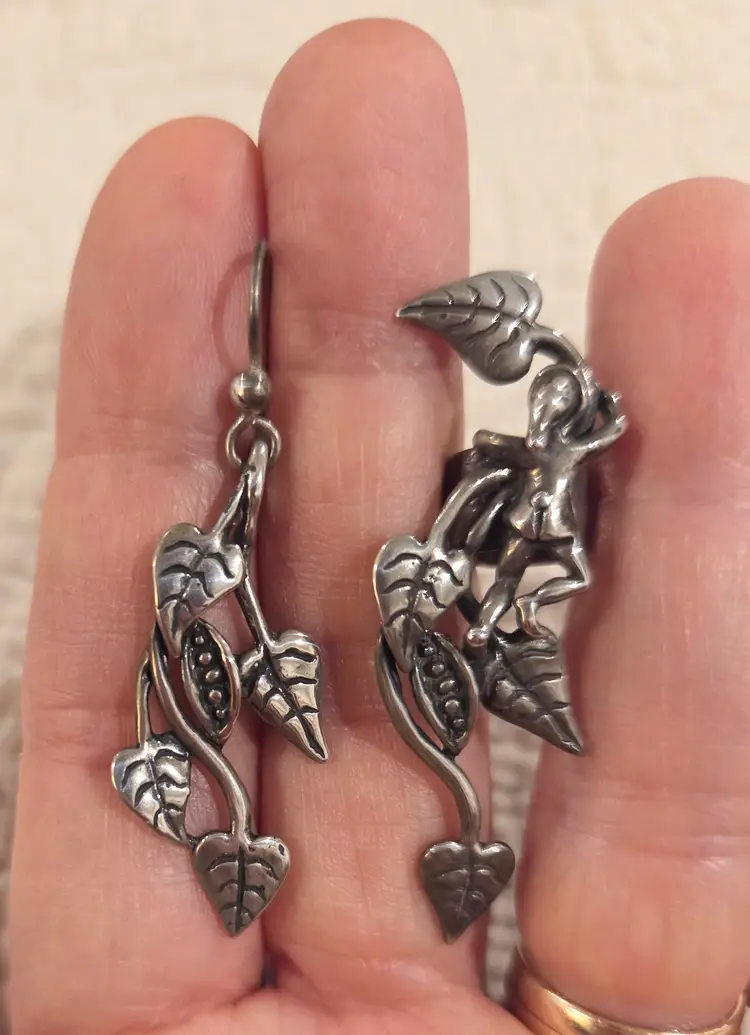 Vintage Sterling Silver Jack and the Beanstalk Pierced Earring and Earcuff, Artist Signed