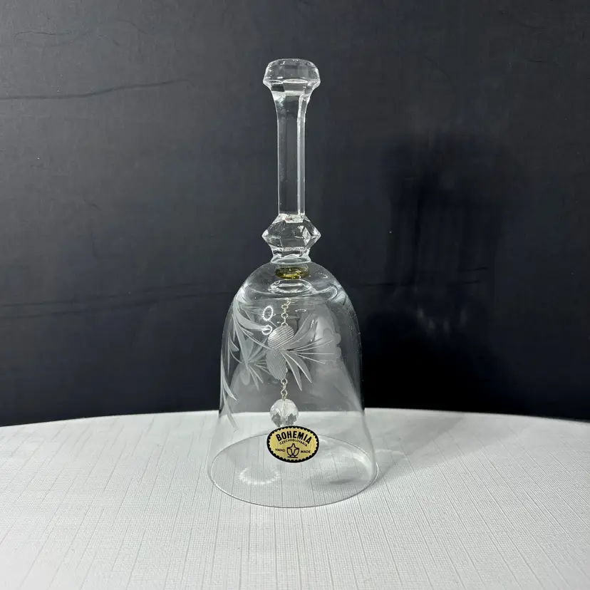 Etched Crystal Bell Bohemia Czechoslovakia Floral Hand Cut Etched Glass Vintage