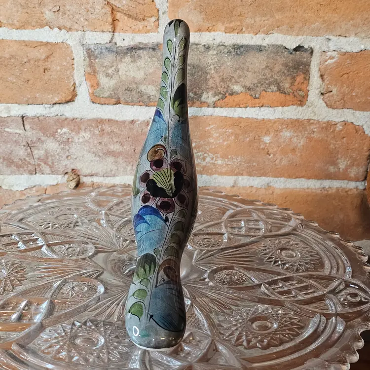 Vintage Tonala Mexico Pottery Bird Figurine Hand Painted Burnished Clay 8” Long Signed