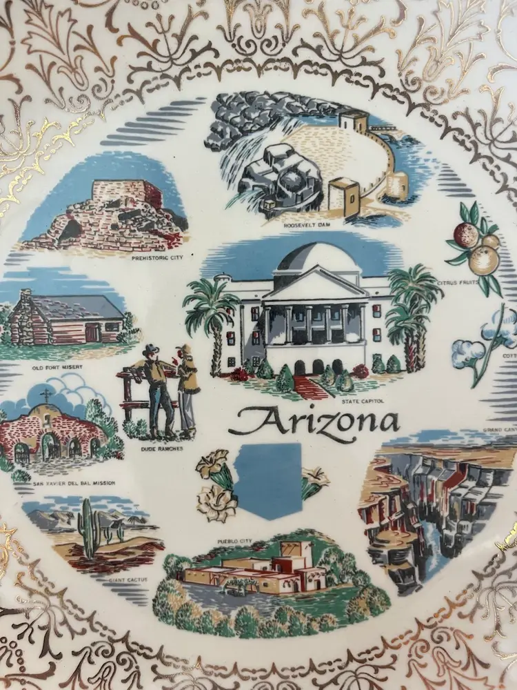 #01 Vintage Arizona souvenir plate with gold filigree and landmark illustrations.
10”