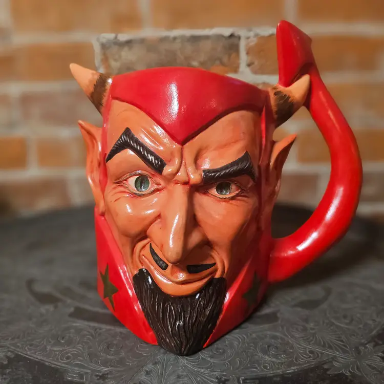 Vintage Devil Head Ceramic Pitcher Jug Red & Black Hand Painted 10” Mid Century Style Halloween Barware Gothic Decor