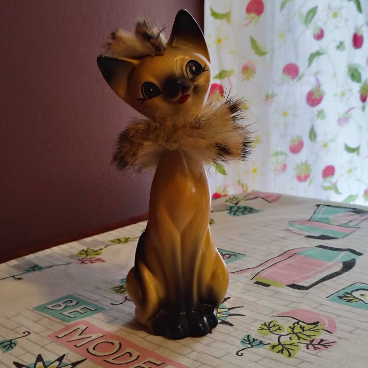 Vintage Siamese Cat Figurine with WILD Fur! | Long Necked Tall Cat with Tiger Striped Real Fur Ruffs | 1960s Made in Japan