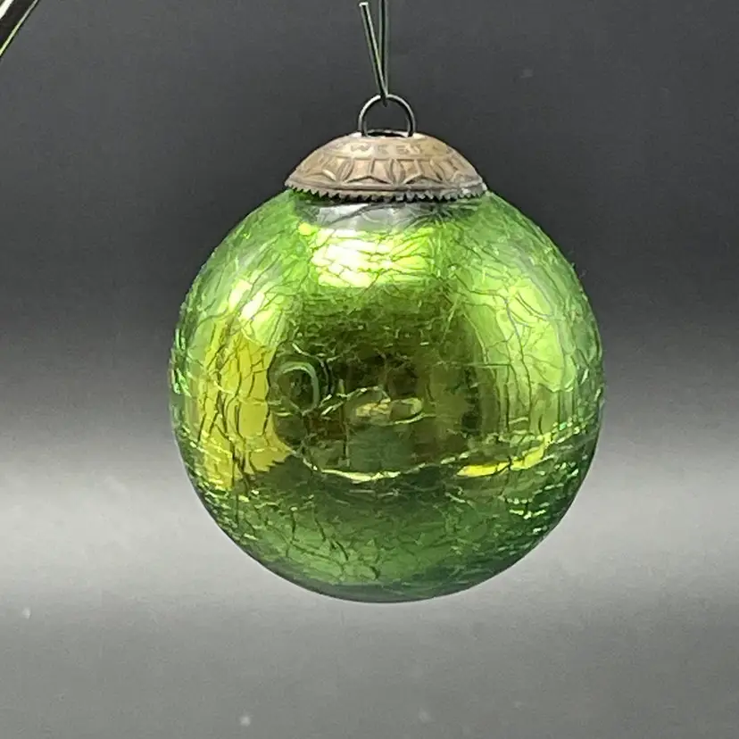 Kugel Midwest Green Mercury Crackle Glass Christmas Ornament Brass Cap VTG