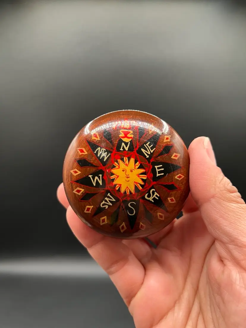 Holland Hand Made Wooden Round Trinket Box with Painted Sun & Cardinal Direction 2.25”🌞