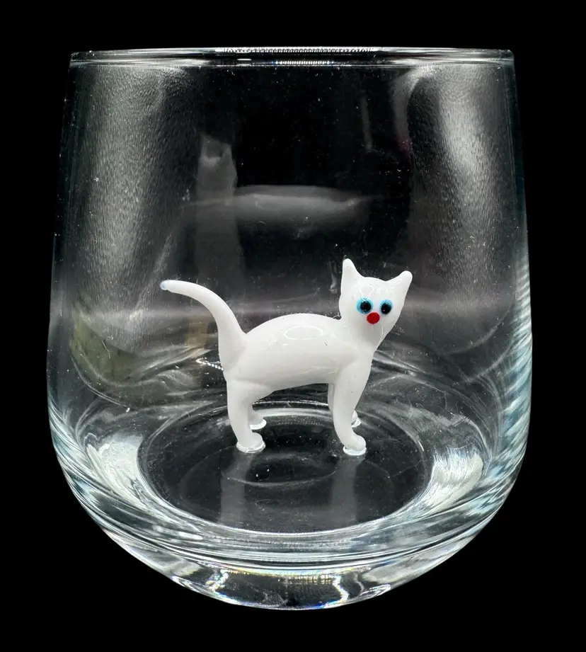 Stemless Wine Rocks Whiskey Drinking Glass with Hand Blown White Cat Figurine