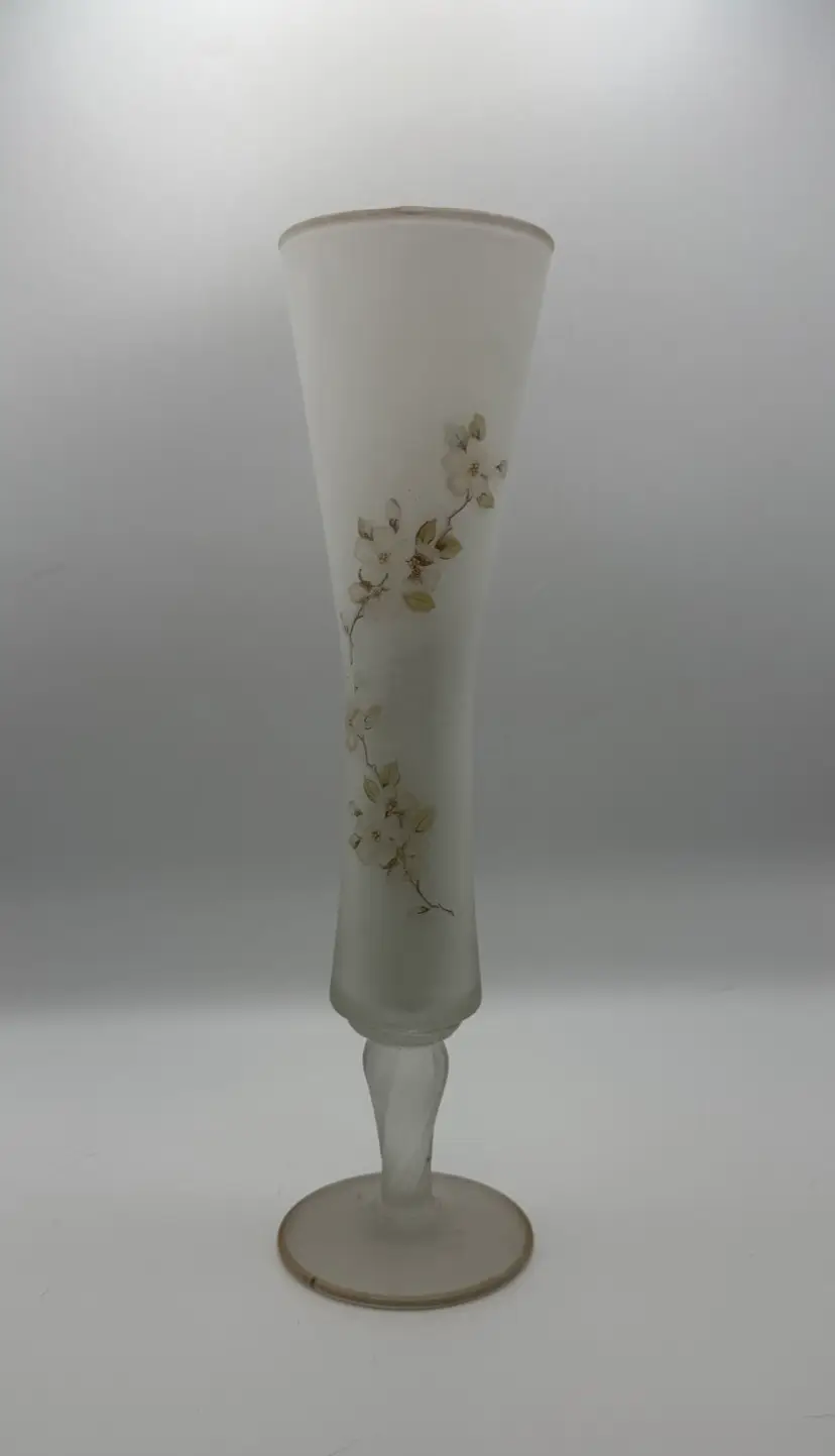 Vintage Hand Painted Apple Blossom Frosted Milky Bud Vase With Gold Trim – 10 in