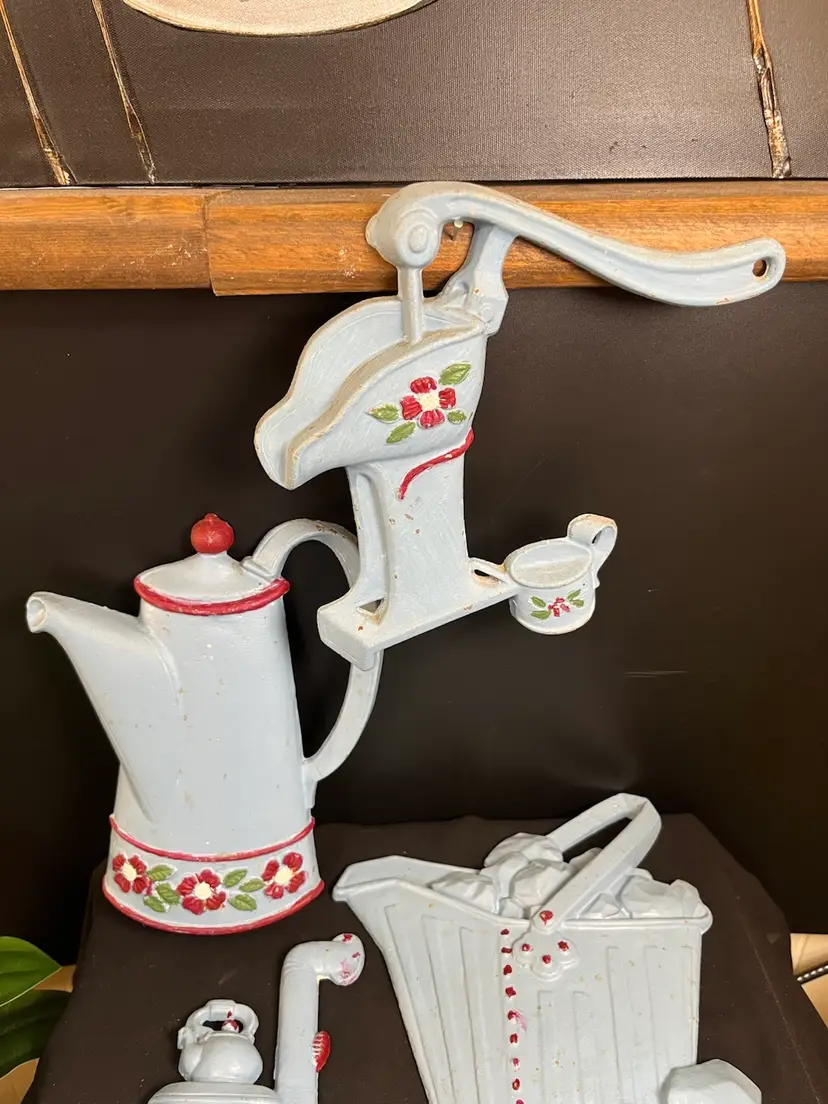 Vintage Sexton, USA, Metal-Painted Colonial blue with Deep Red, Backs are Painted a Tan Color-Farm House Decor-A Water Pump, Coal Bucket, Pot Belly Stove & Coffee Pot