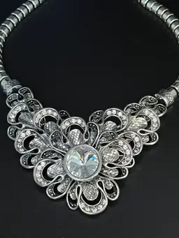 Silvertone Floral Statement Rhinestone Necklace