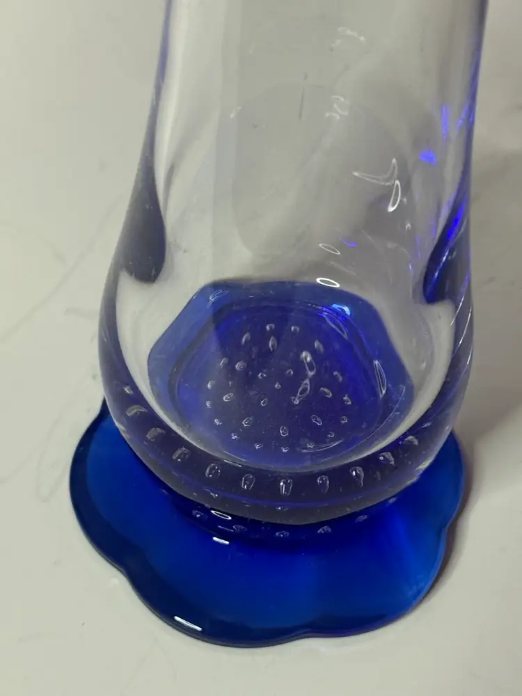 Vintage Bormioli Rocco Turandot Italian Art Glass Bud Vase, Cobalt Blue Base w/ Bubbles