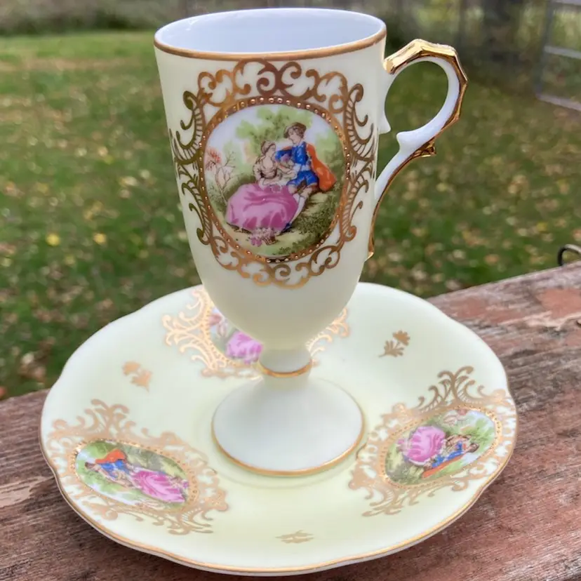 Lefton China, Hand-Painted Courting Couple, Porcelain Cup & Saucer #1358. Custard-Hued Porcelain With Gold Gilt.