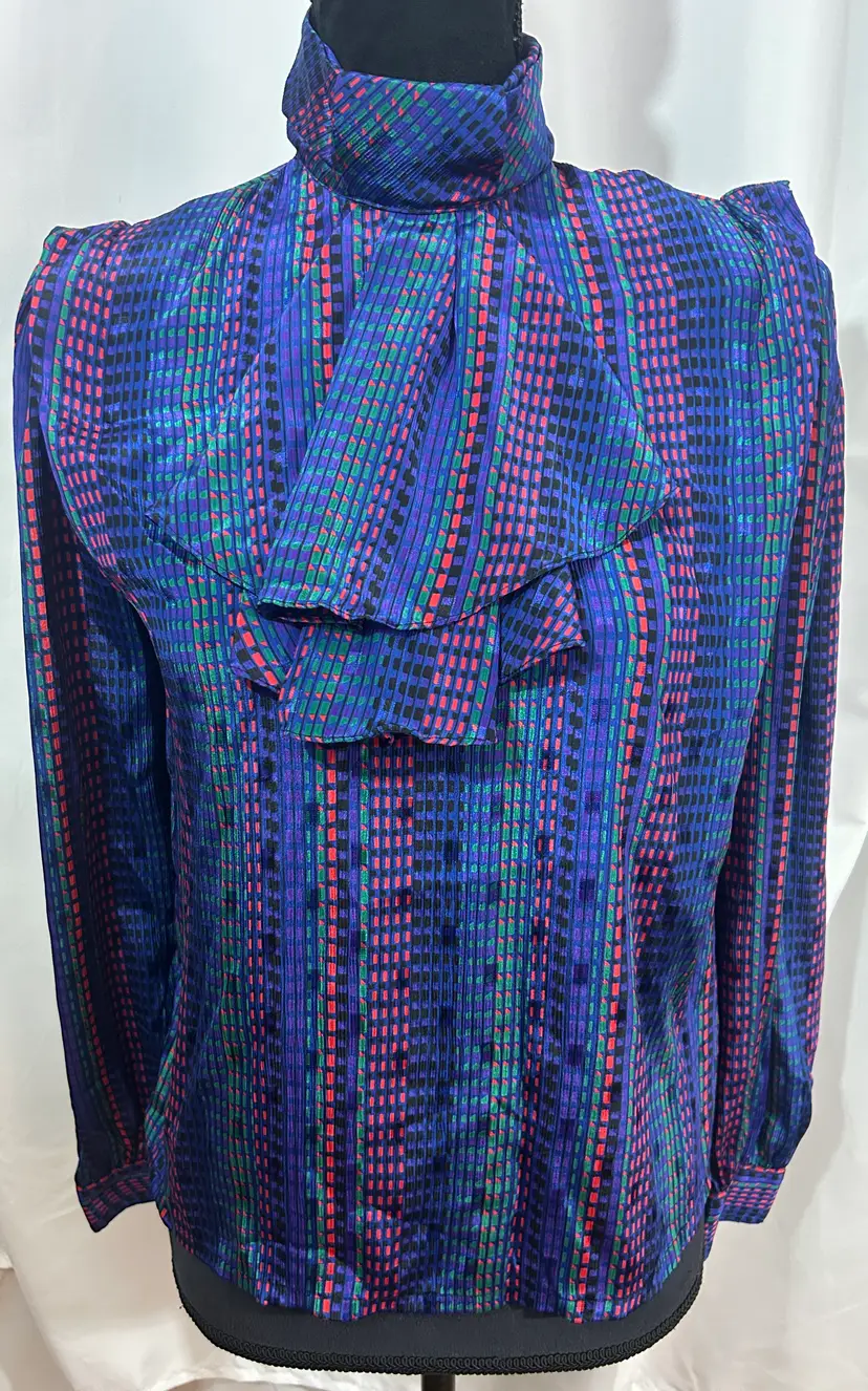 Vintage Nicola Brand Long Sleeve Button Back Ruffle High Collar Stripe Long Dot Multi Color Pattern Blouse Medium