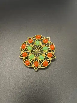 Sarah Coventry "Lollipop" Brooch - 1970s Gold Tone Filigree with Orange & Green Cabochons
• Brand: Sarah Coventr