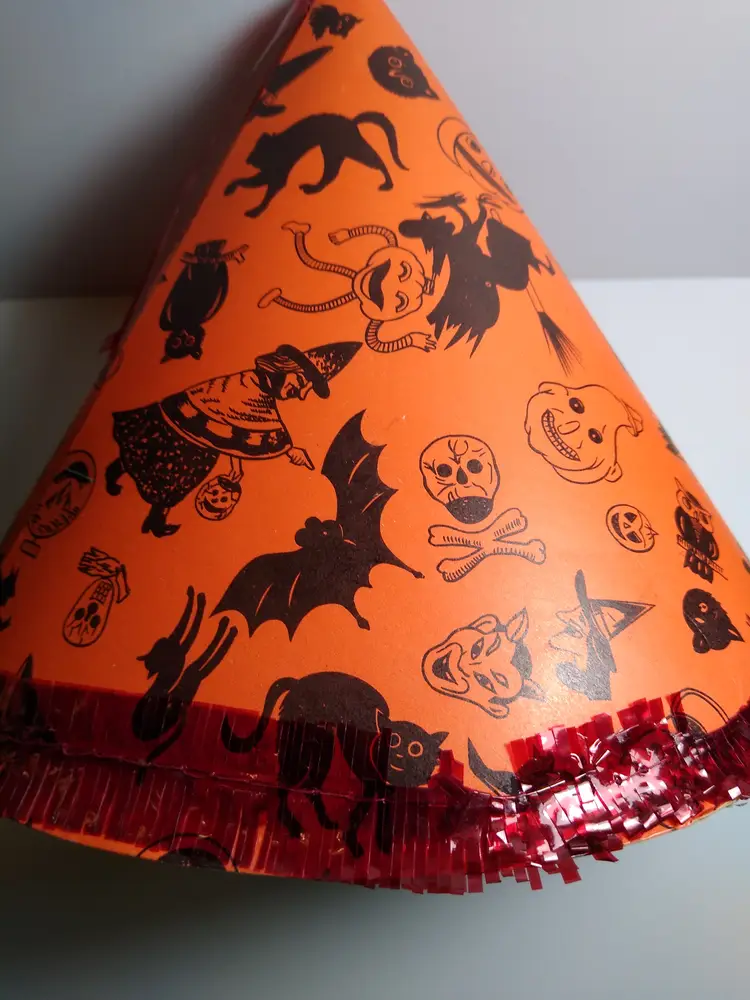 Vintage Halloween Party Hat Orange Black Spooky Graphics Made in Japan Creepy