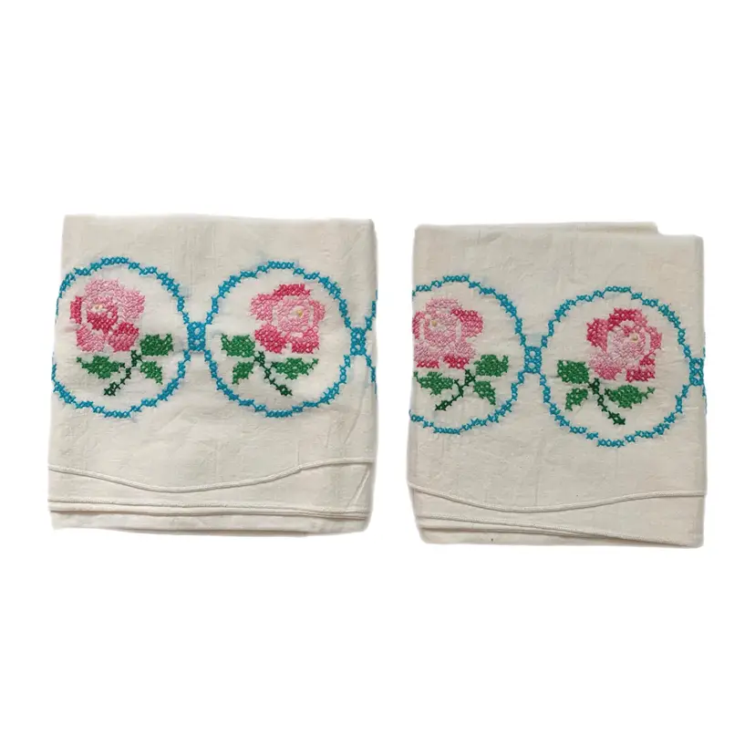 Cross Stitched Roses Pillowcase Set Scalloped Edges Floral Cottage Core Granny Vintage