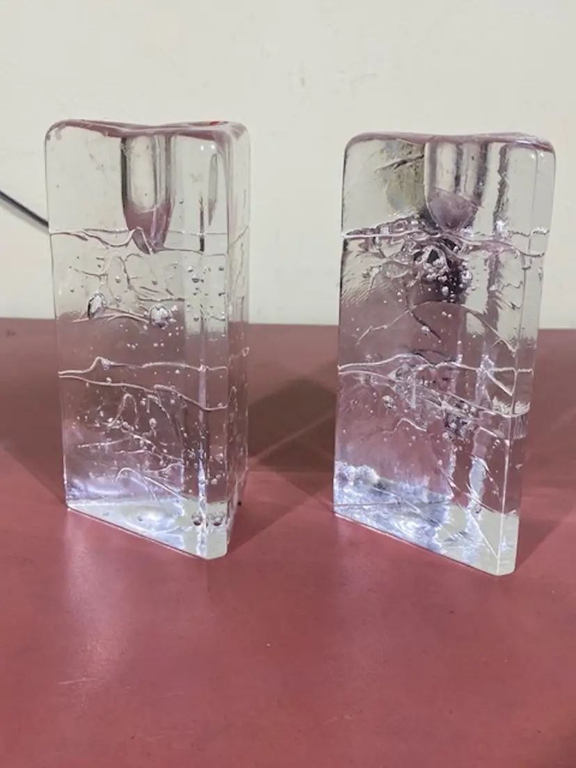 Vintage Set of Two MCM Clear Glass 5" Triangle Iittala Table Top Candle Holders