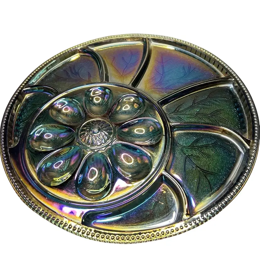 #01 Vintage Indiana Blue Carnival Glass Deviled Egg Relish Plate 13 In Diameter