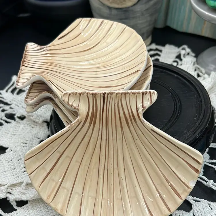 4 Piece Shell Shaped Ceramic Trinket Dishes, 2.5” Tall, Coral Reef, Hand painted