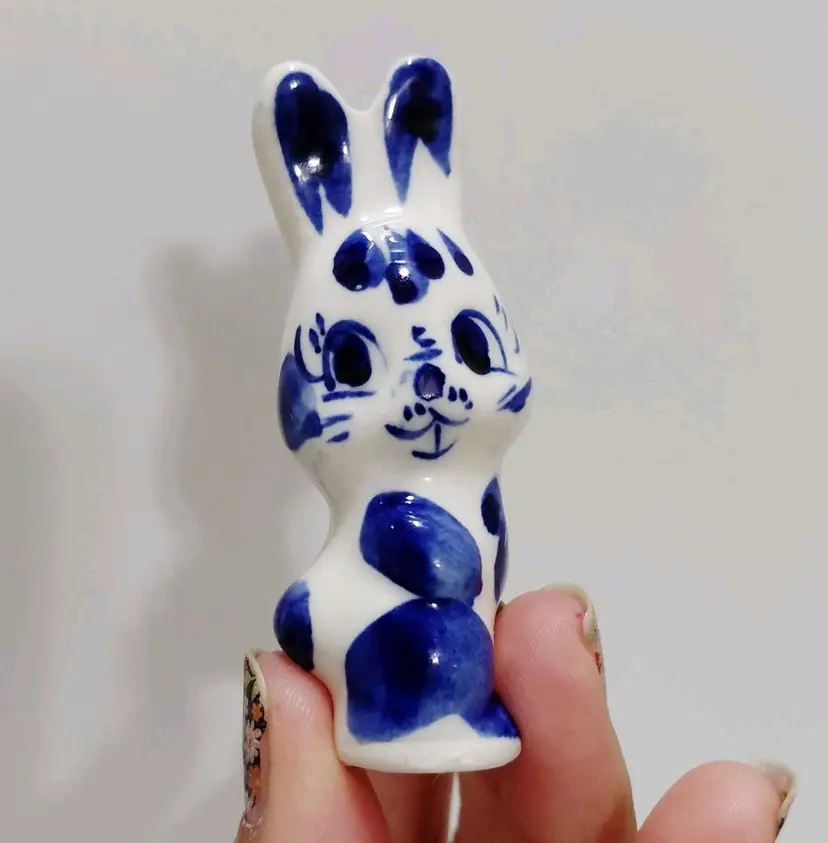 Gzhell Cobalt Blue and White Mini Porcelain Rabbit Bunny Figurine Handmade
