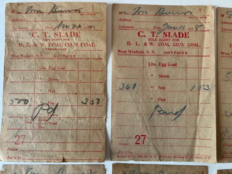Antique Coal Company Store Receipts. 1918 CT Slade Mercantile General Store Ephemera. West Winfield NY