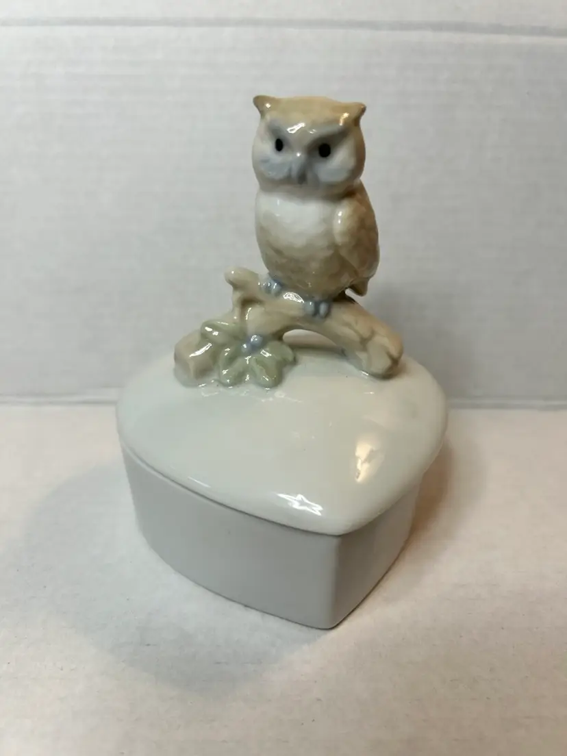 OTAGIRI Vintage Owl Heart Shaped Trinket Box Made In Japan