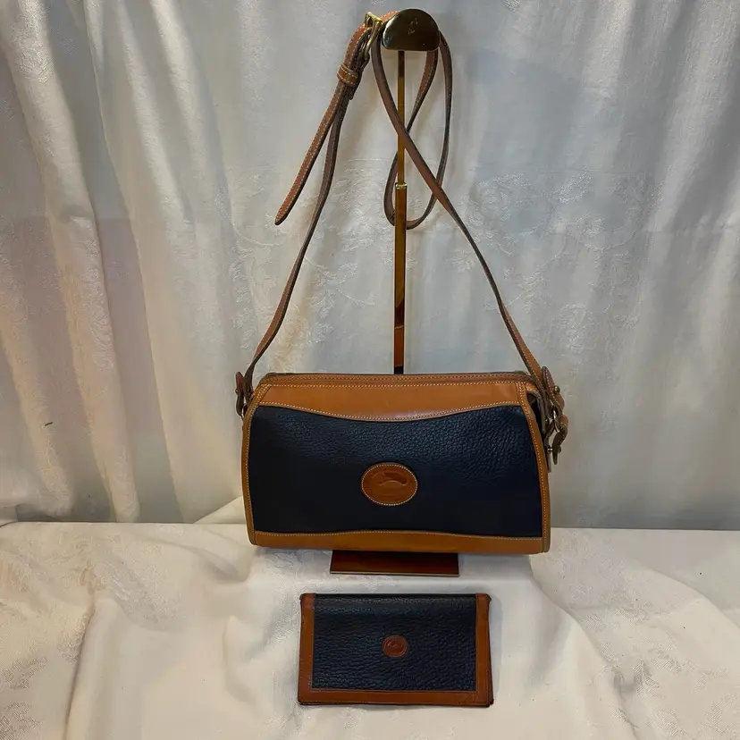 Dooney & Burke Vintage Dark Blue with Brown Trim Leather Shoulder Bag with Checkbook Holder