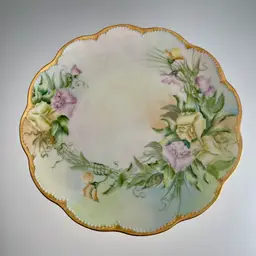Antique Haviland Limoges France Scalloped Plate Gold Gilt Hand Painted Yellow Purple Roses Flowers 8.5"