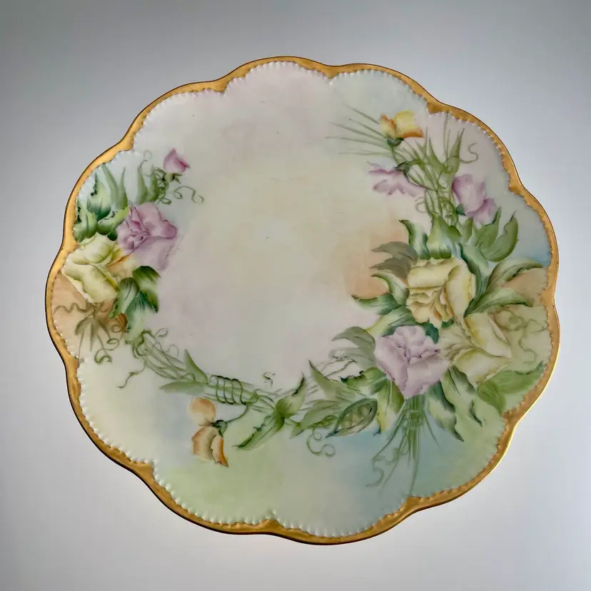 Antique Haviland Limoges France Scalloped Plate Gold Gilt Hand Painted Yellow Purple Roses Flowers 8.5"
