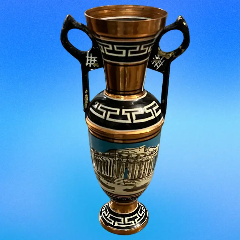 Vintage hand-painted copper vase with Greek key and palmette motifs. 6” Tall MCM