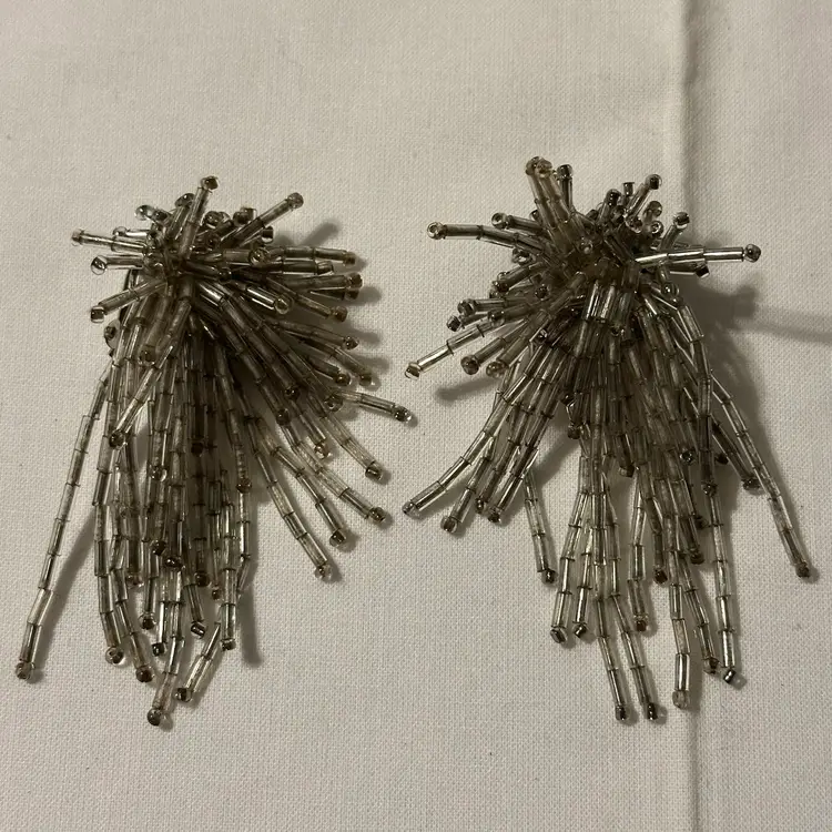 Vintage Handmade Silver Tone Beaded Burst Dangle Design Clip Earrings